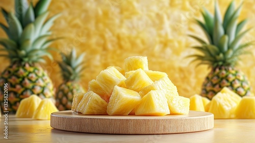 A pile of fresh cut pineapples and whole fruit display