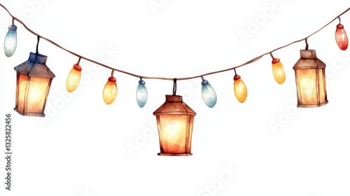 Colorful Lanterns and String Lights for Festive Celebrations and Cozy Atmospheres in Watercolor Style