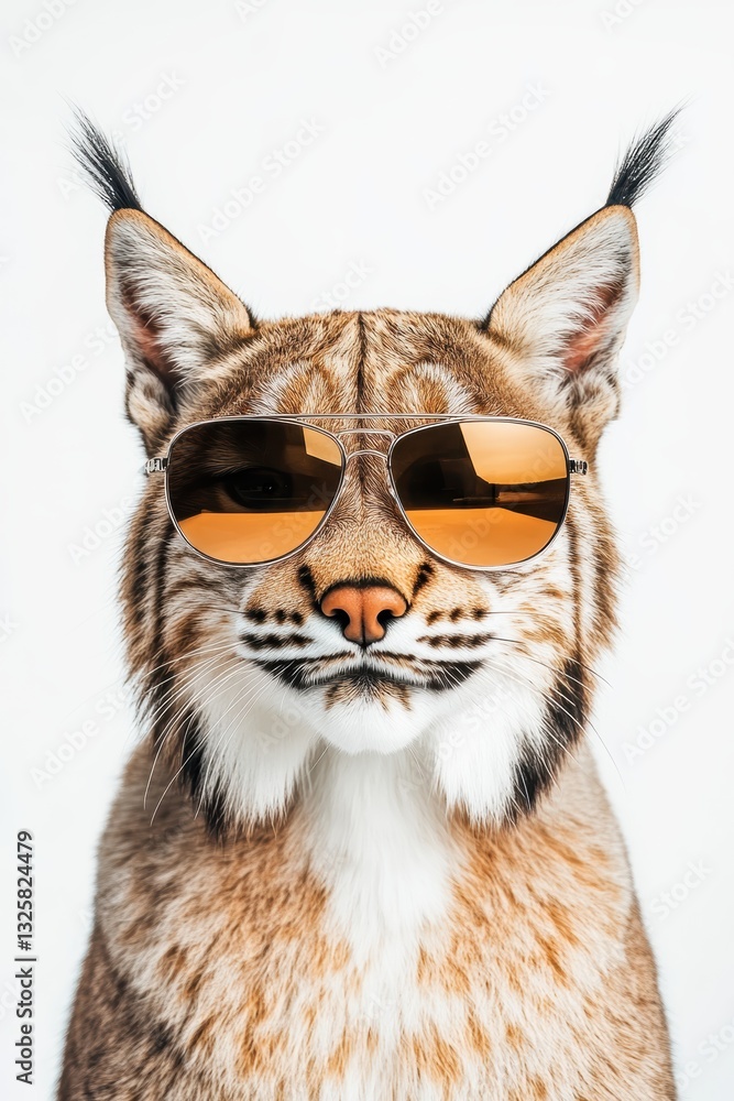Lynx wearing sunglasses posing confidently against a white background, animal portrait, cool wildlife fashion, unique pet photography, creative animal stock image. Lynx wearing sunglasses posing confidently against a white background, animal portrait, cool wildlife fashion, unique pet photography, creative animal stock image.