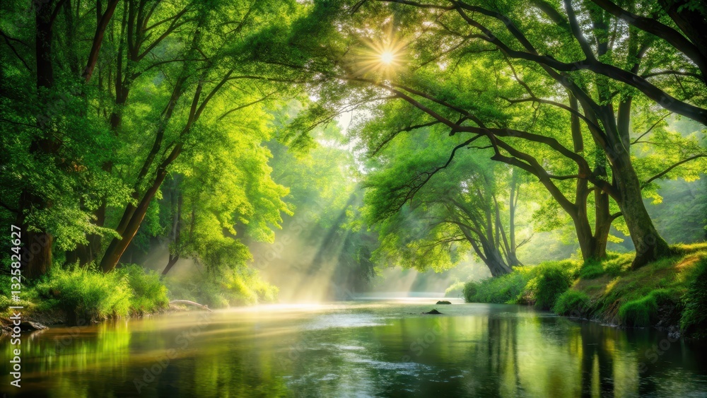 Dense foliage of lush green trees standing beside a tranquil stream, with sunlight filtering through leaves and mist rising from water's surface , foliage, tree Dense foliage of lush green trees standing beside a tranquil stream, with sunlight filtering through leaves and mist rising from water's surface , foliage, tree
