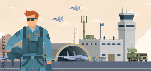 Military airbase background. Vector landscape illustration editable modular elements