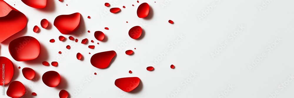 A close up of red blood drop shapes scattered across a white background, representing medical themes and donation awareness A close up of red blood drop shapes scattered across a white background, representing medical themes and donation awareness