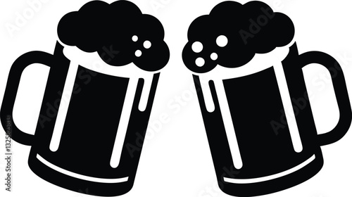 Beer mug silhouette vector, Two clinking beer mugs icon vector