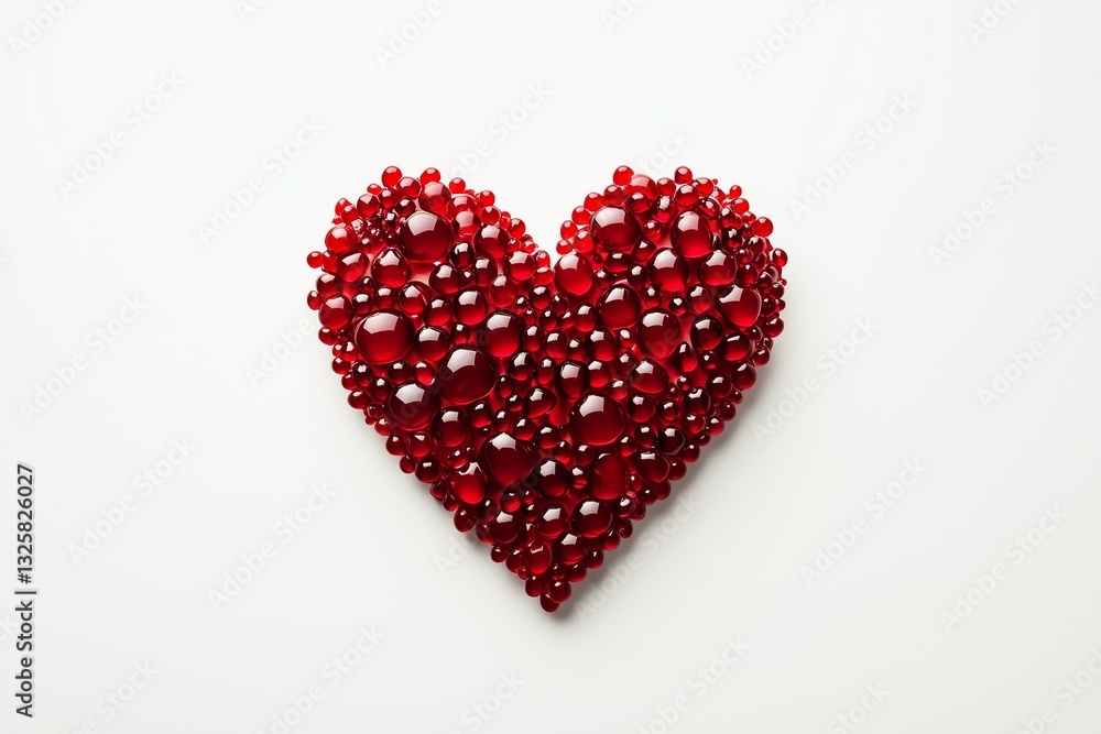 A heart shape formed by multiple glossy red droplets on a white background, symbolizing love and blood donation awareness A heart shape formed by multiple glossy red droplets on a white background, symbolizing love and blood donation awareness