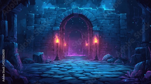 Pixel Art Fantasy Stone Archway at Night