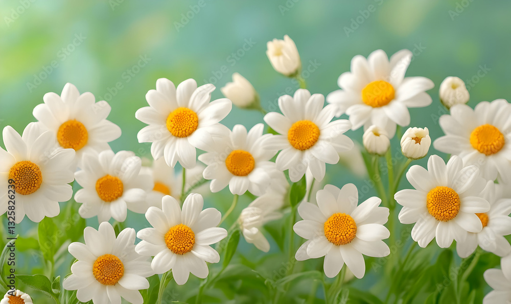 Fototapeta premium Beautiful White Daisies with Yellow Centers in Natural Green Background