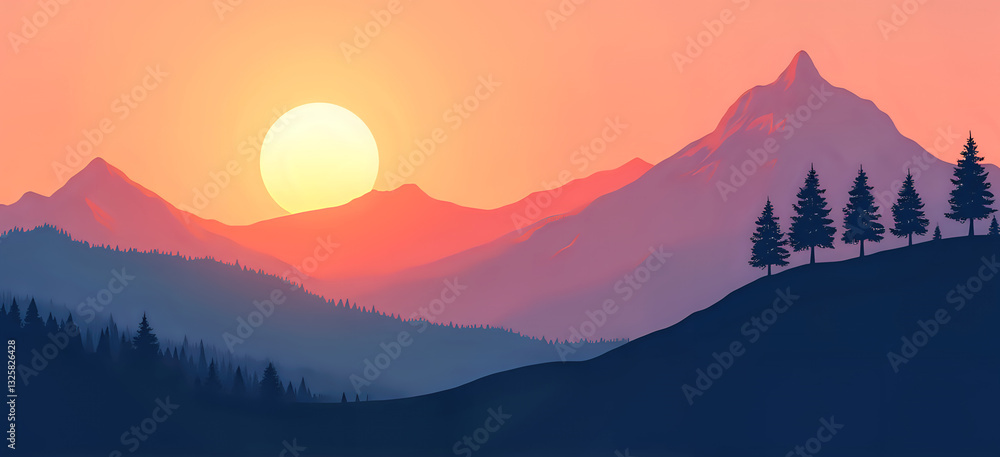 Obraz premium Mountain range painting with trees, sunset, pink sky, yellow sun