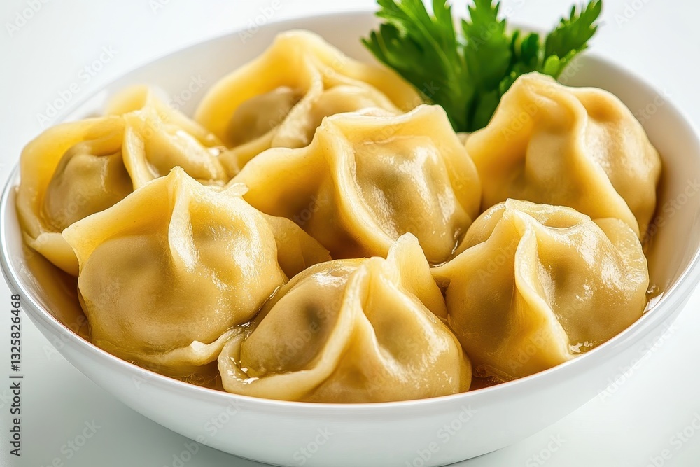 Deliciously Steamed Dumplings Served in White Bowl with Fresh Herbs Garnish