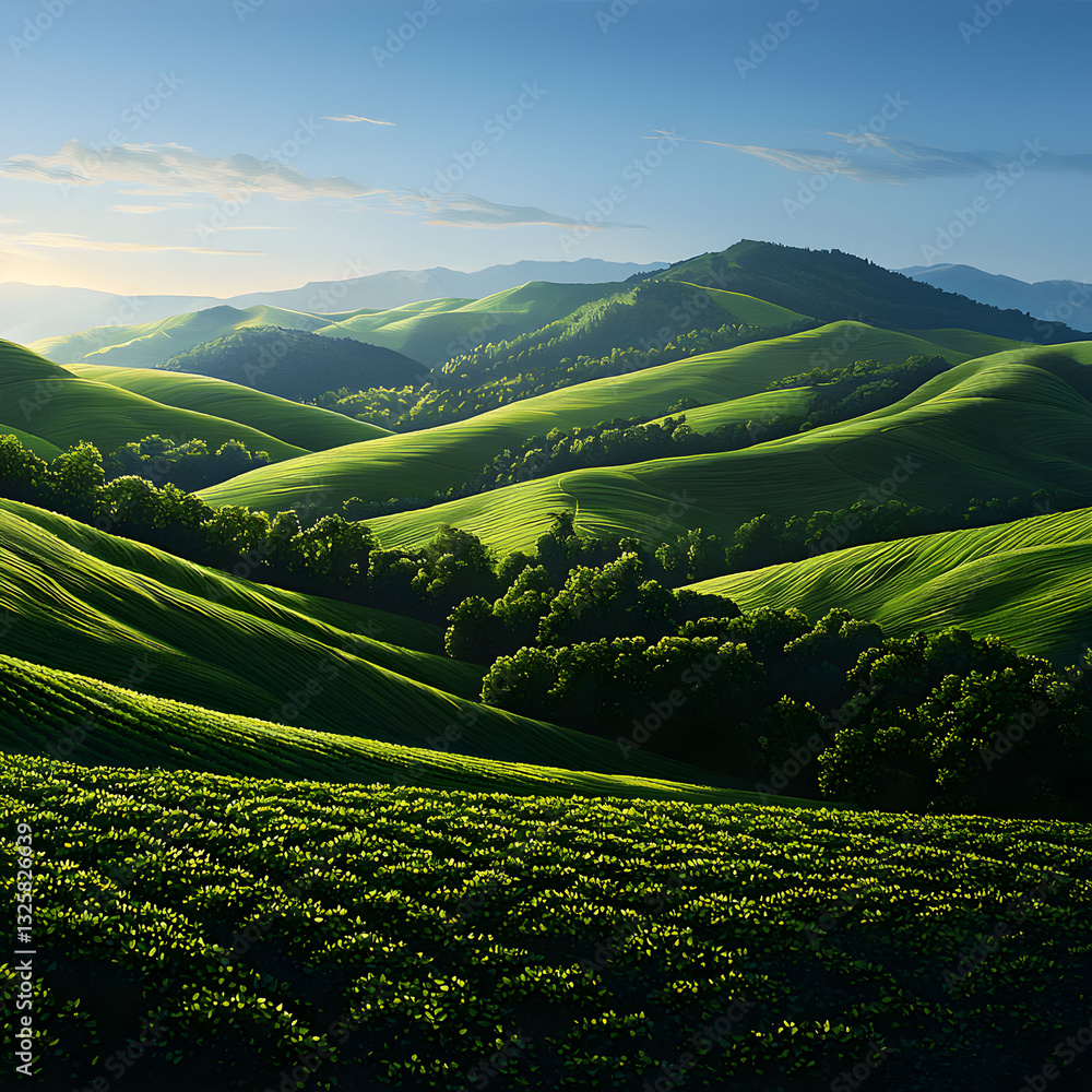 Fototapeta premium Sunlit Rolling Green Hills Landscape