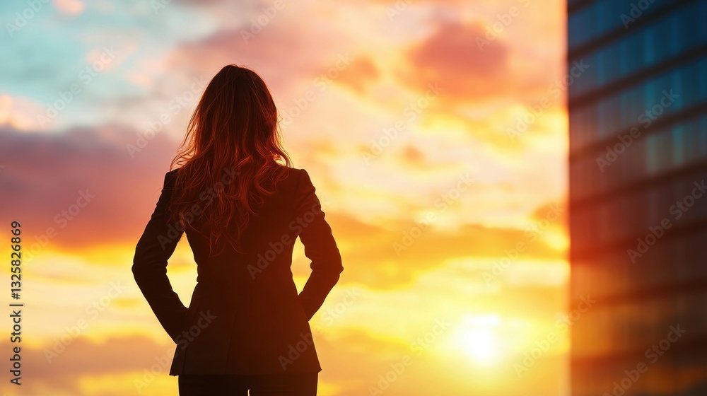 Fototapeta premium Confident woman in a power suit, standing tall in front of a modern glass skyscraper, symbolizing success and elegance