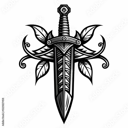 Monochrome Sword and Leaf  Illustration Medieval Ornamental Design