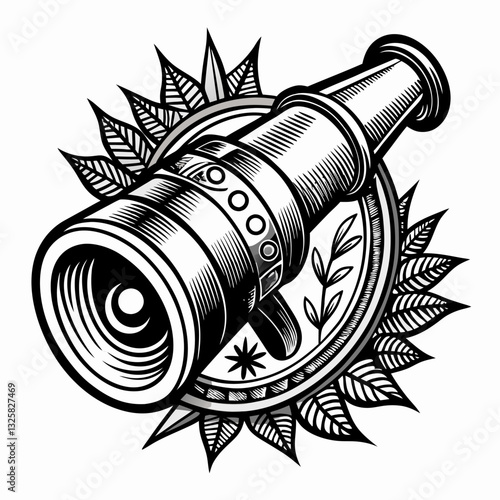 Vintage Telescope with Sunburst Motif in Black and White Illustration