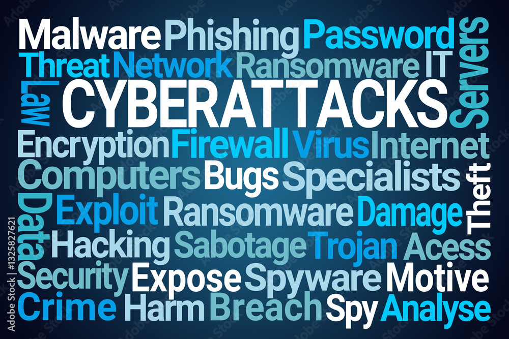 Cyberattacks Word Cloud on Blue Background Cyberattacks Word Cloud on Blue Background