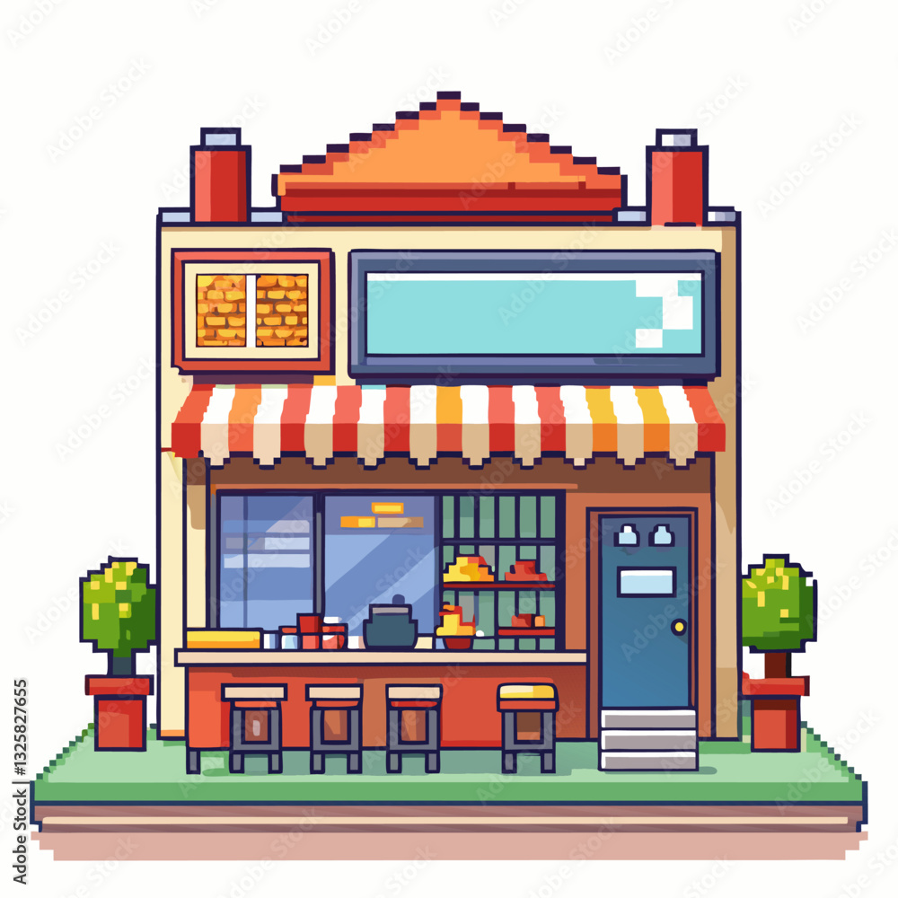 Fototapeta premium Retro Pixel Art Café Illustration with Vintage Storefront and Outdoor Seating