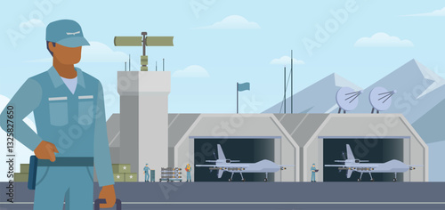Military airbase background. Vector landscape illustration editable modular elements
