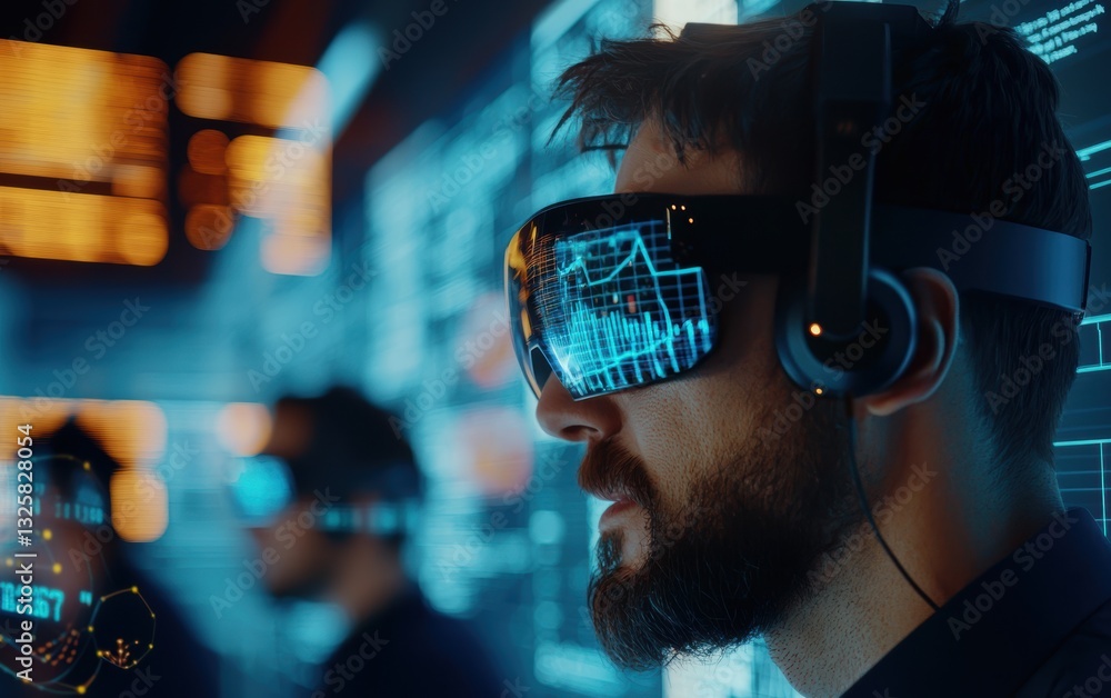 Fototapeta premium Augmented reality meeting room where executives interact with 3D financial graphs and business strategy models