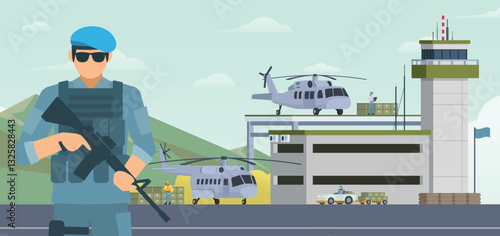 Military airbase background. Vector landscape illustration editable modular elements