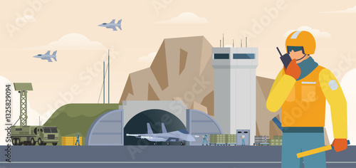 Military airbase background. Vector landscape illustration editable modular elements