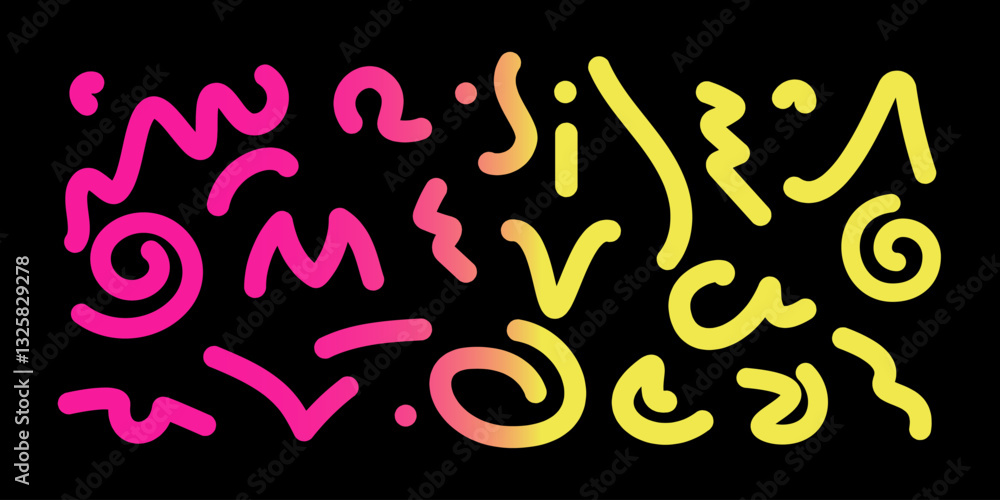 Obraz premium Set abstract shapes, yellow, red elements on black, patterns, textures, graphic accents, vector elements.