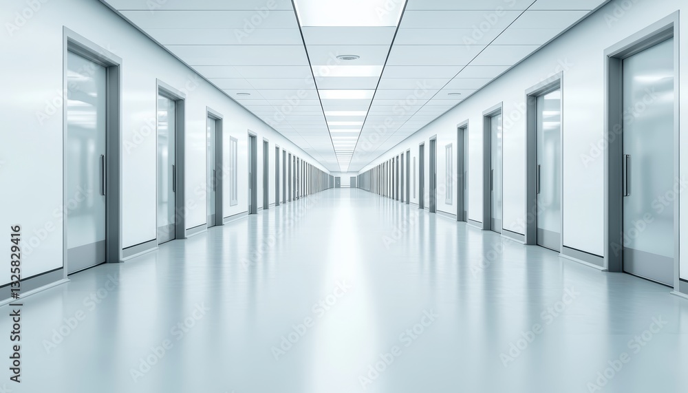 Bright and airy hospital corridor with a sleek contemporary design, showcasing patient rooms with frosted glass doors and futuristic architecture Bright and airy hospital corridor with a sleek contemporary design, showcasing patient rooms with frosted glass doors and futuristic architecture