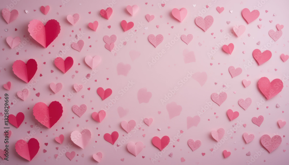 Colorful paper hearts in various shades of pink create festive atmosphere Colorful paper hearts in various shades of pink create festive atmosphere