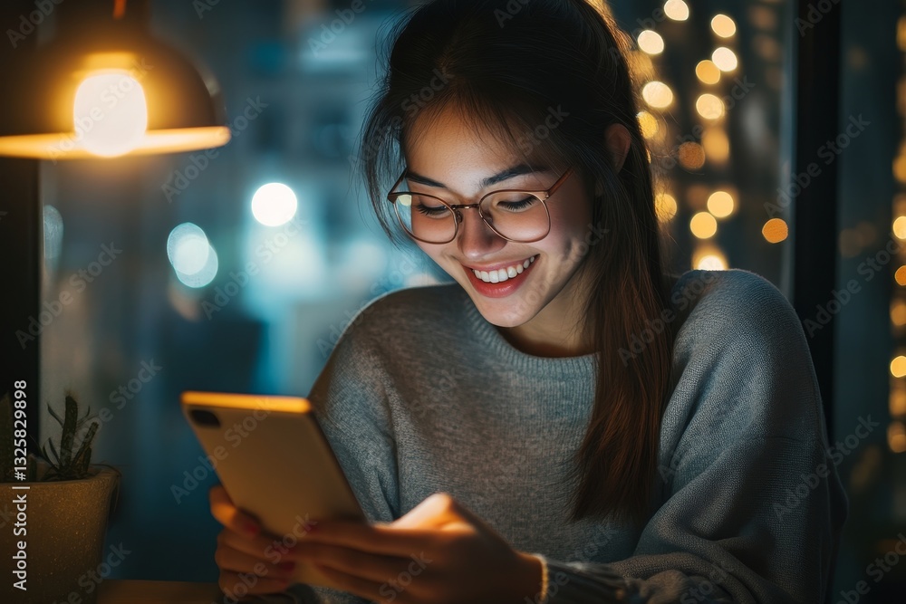 Smiling Woman Using Smartphone at Night Cozy Evening Warm Light girl happy media young screen social Smiling Woman Using Smartphone at Night Cozy Evening Warm Light girl happy media young screen social
