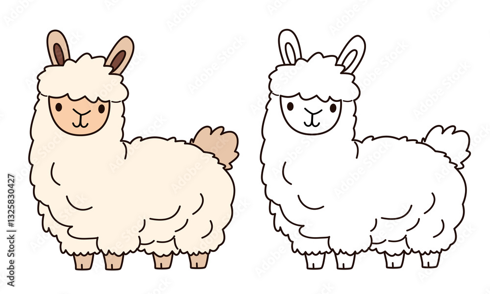 Fototapeta premium Flat vector illustration for children's coloring book. Cute llama in black and white and color version. Farm pets . Vector illustration