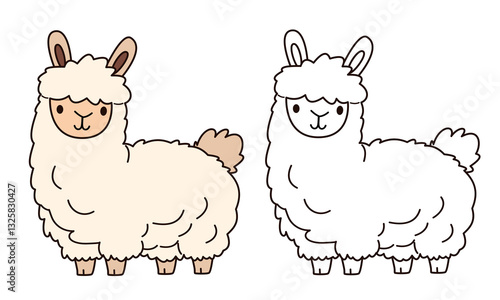 Flat vector illustration for children's coloring book. Cute llama in black and white and color version. Farm pets . Vector illustration