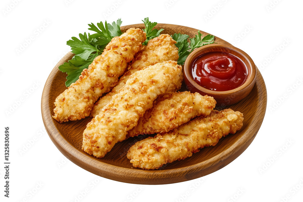 Crispy golden-brown chicken strips coated in a crunchy cornflake crust, served on a wooden plate with mustard and ketchup, captured in an overhead view. Crispy golden-brown chicken strips coated in a crunchy cornflake crust, served on a wooden plate with mustard and ketchup, captured in an overhead view.