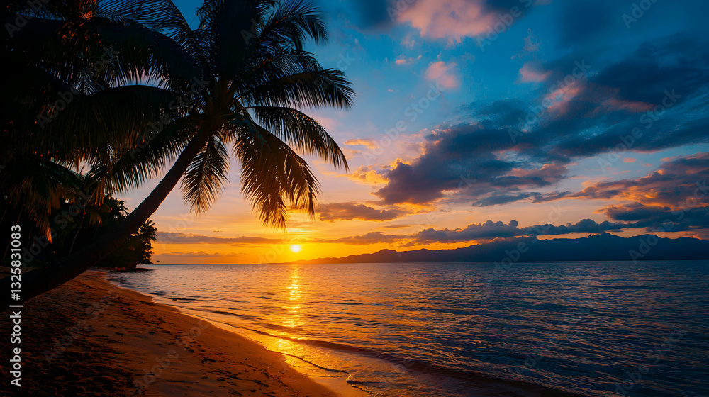 Fototapeta premium Tropical Sunset Beach Scene: Silhouetted Palm Tree and Calm Ocean
