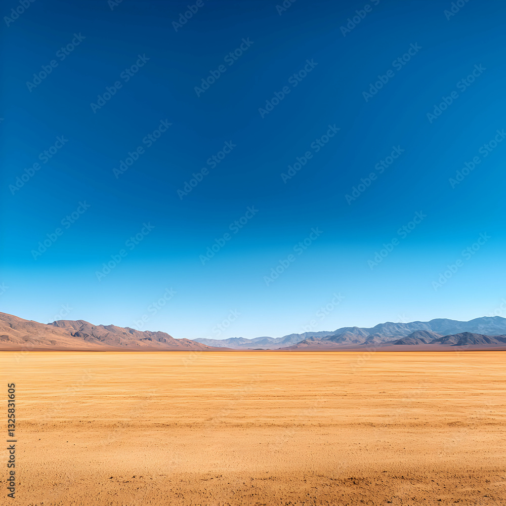 Fototapeta premium Vast Desert Landscape Under Bright Blue Sky Featuring Distant Mountains in Sunlight