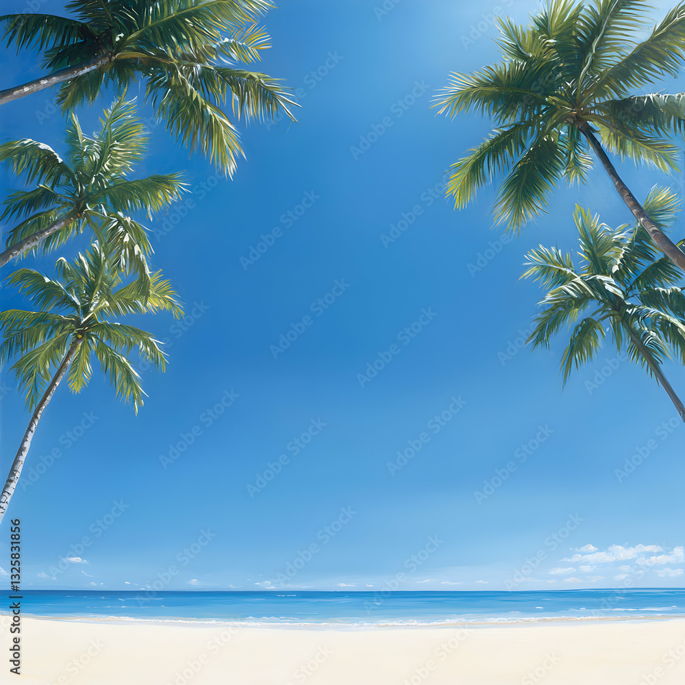 Fototapeta premium Vibrant Blue Sky Over White Sand Beach and Lush Palm Trees