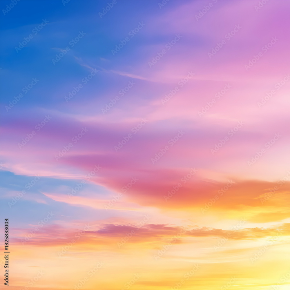 Fototapeta premium Vibrant Sunset Sky Displaying Gradient Hues Of Yellow Orange Pink And Blue With Textured Clouds Creates Dramatic Peaceful Scene