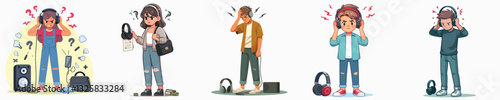 vector of a teenager feeling frustrated after discovering fake high-end headphones in a simple and minimalist flat design style, plain white background
