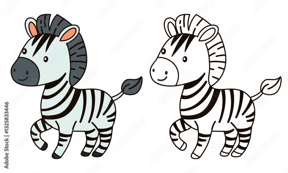 Fototapeta premium Flat vector illustration for children's coloring book. Cute zebra in black and white and color version. Wild animals of safari and Africa . Vector illustration
