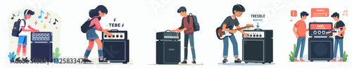 vector of a teenager adjusting the treble and bass settings on their amplifier in a simple and minimalist flat design style, plain white background