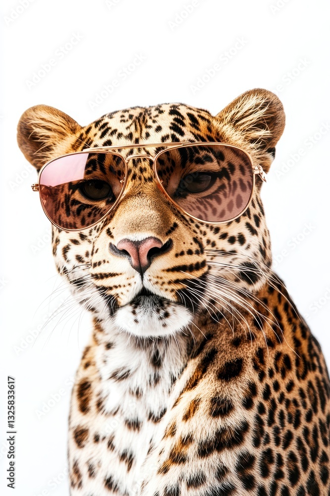 Leopard wearing stylish sunglasses looking cool and confident on white background, wild animal portrait, fashion in nature, exotic pet concept. Leopard wearing stylish sunglasses looking cool and confident on white background, wild animal portrait, fashion in nature, exotic pet concept.