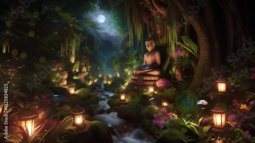 Buddha under the bodhi tree. Fairytale atmosphere, forest stream, night, lanterns, lights, butterflies, flowers. Relaxing animation, footage for sleep.