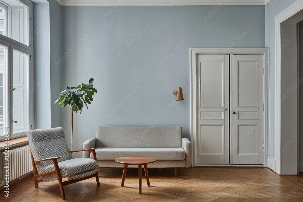 Fototapeta premium Light blue room with sofa, chair, and wooden floor.