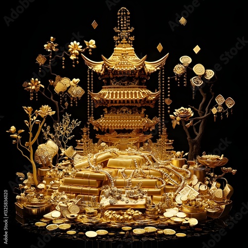 Wallpaper Mural Opulent Chinese Style Golden Treasure Display Arranged with Ornate Symbols and Patterns Torontodigital.ca