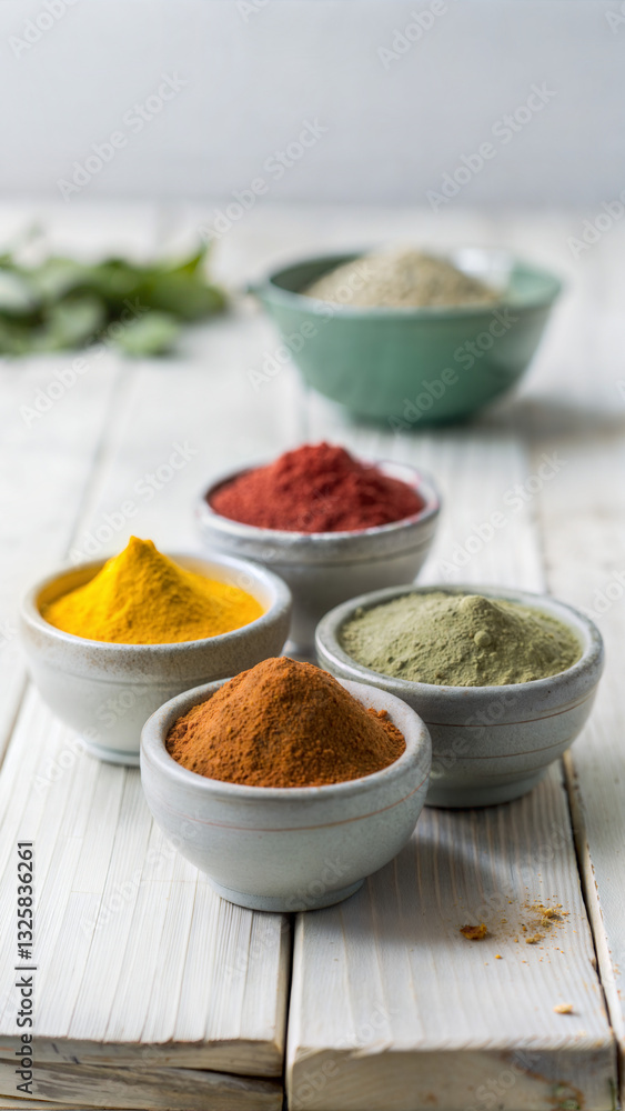 India Pure Spices – Turmeric, Chili, and Masala Powders in Ceramic Bowls on White Rustic Background for Ayurvedic Cooking and Natural Wellness India Pure Spices – Turmeric, Chili, and Masala Powders in Ceramic Bowls on White Rustic Background for Ayurvedic Cooking and Natural Wellness