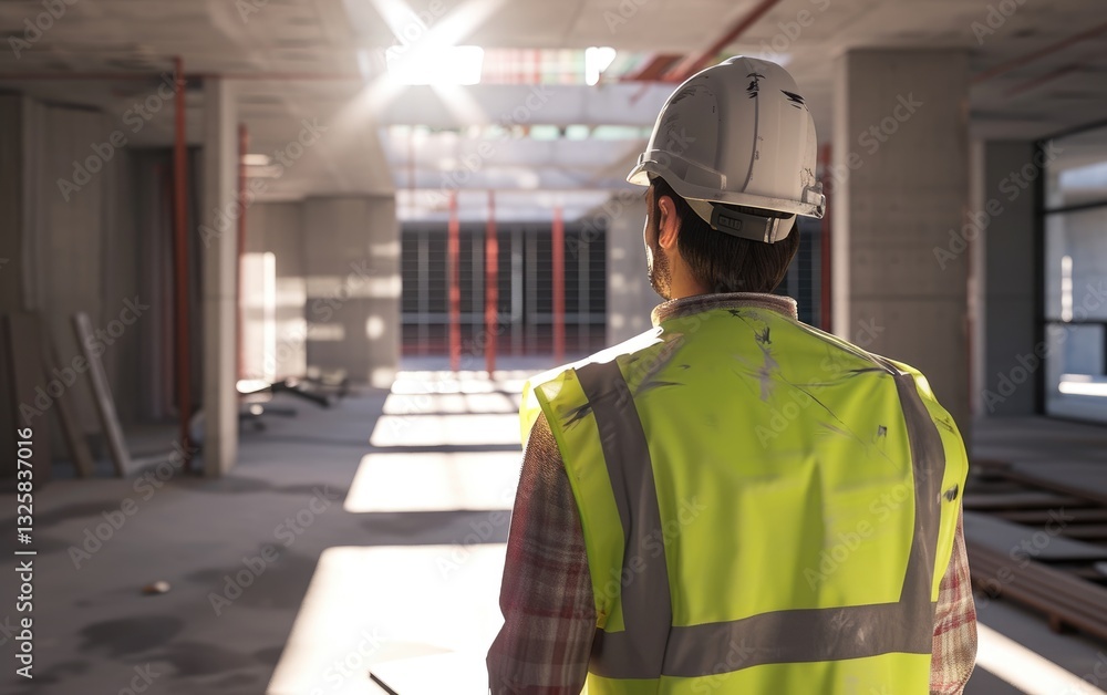 Construction Worker Surveying Building Under Construction