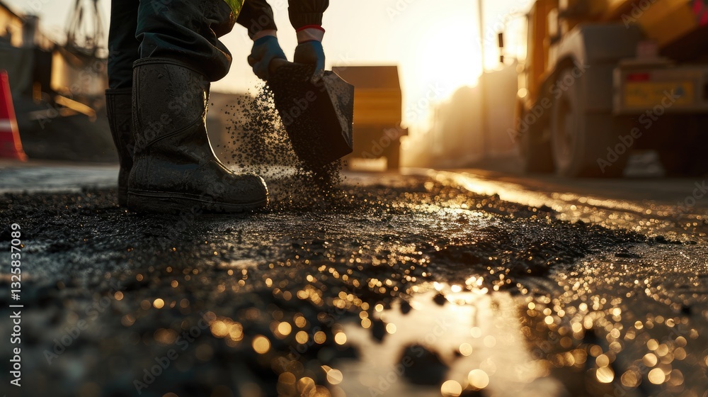 Worker spreading asphalt during road construction at sunset