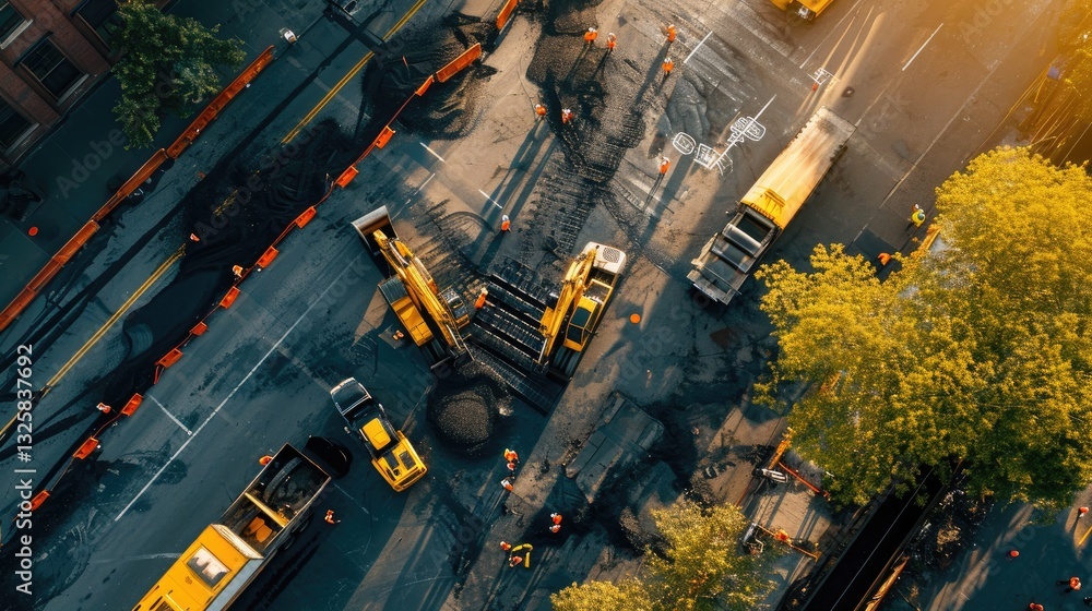 Aerial View of Road Construction Workers and Equipment