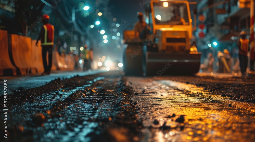 Close up of freshly laid asphalt at a nighttime road construction site with blurry figures of workers and machinery in the background.