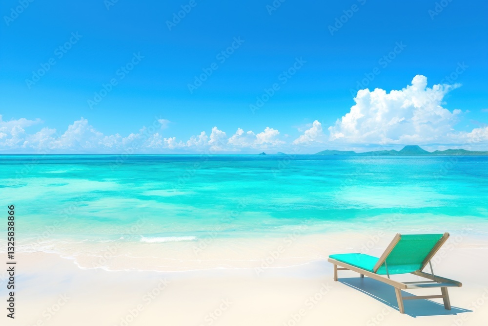 Tropical beach lounge chair, idyllic scene, relaxing vacation, sunny day Tropical beach lounge chair, idyllic scene, relaxing vacation, sunny day