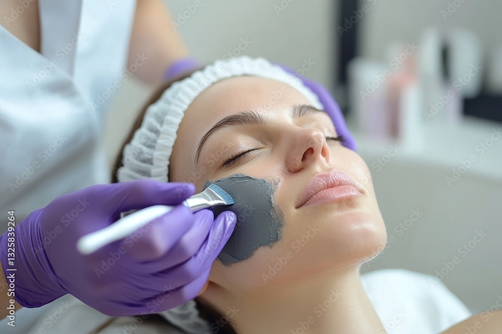 Relaxing Spa Facial Treatment Grey Clay Mask Application Beauty Skincare Face Girl Salon Clean Woman Model