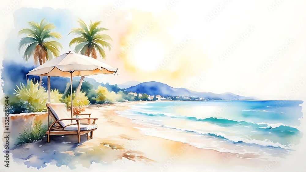 Naklejka premium Serene Beach Watercolor: Tranquil Coastal Scene with Palm Trees and Chaise Lounge