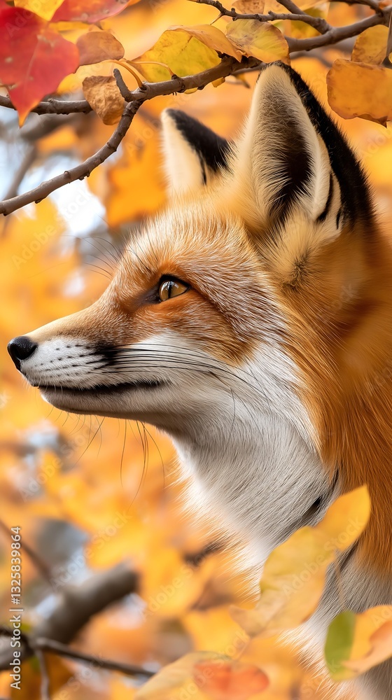 Obraz premium Fox observing surroundings among vibrant autumn leaves