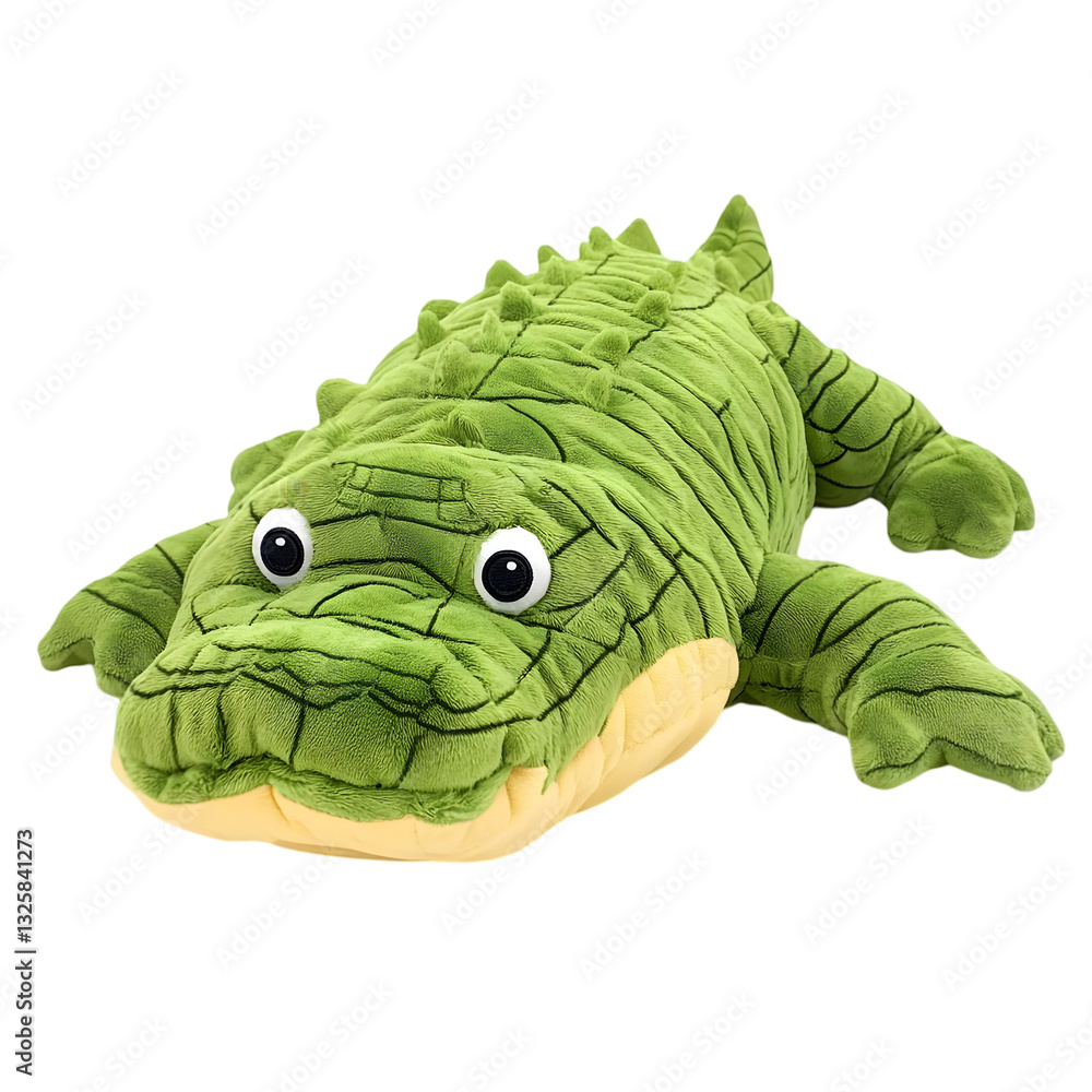 Obraz premium Plush crocodile toy with large eyes, resting on a soft surface, suitable for children's playtime